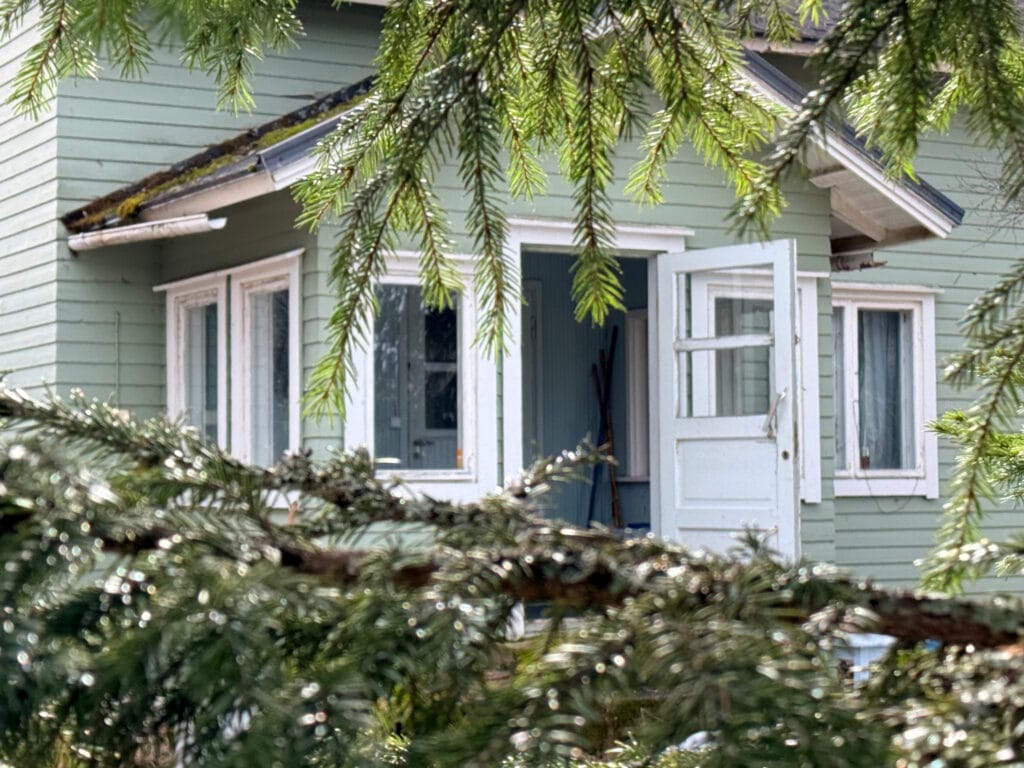 Puutalon sisäänkäynti näkyy puunoksien keskellä.