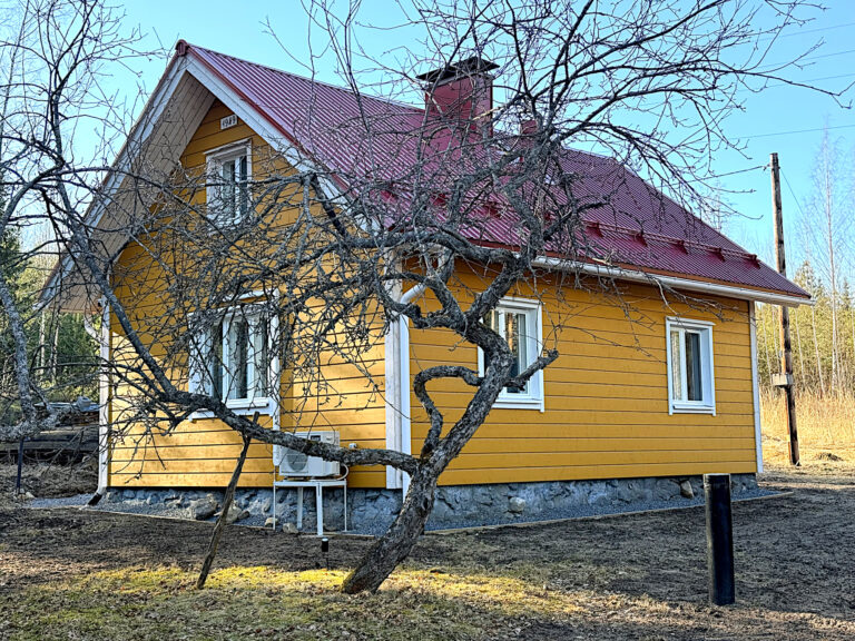 Keltainen, harjakattoinen talo lehdettömän omenapuun takana.