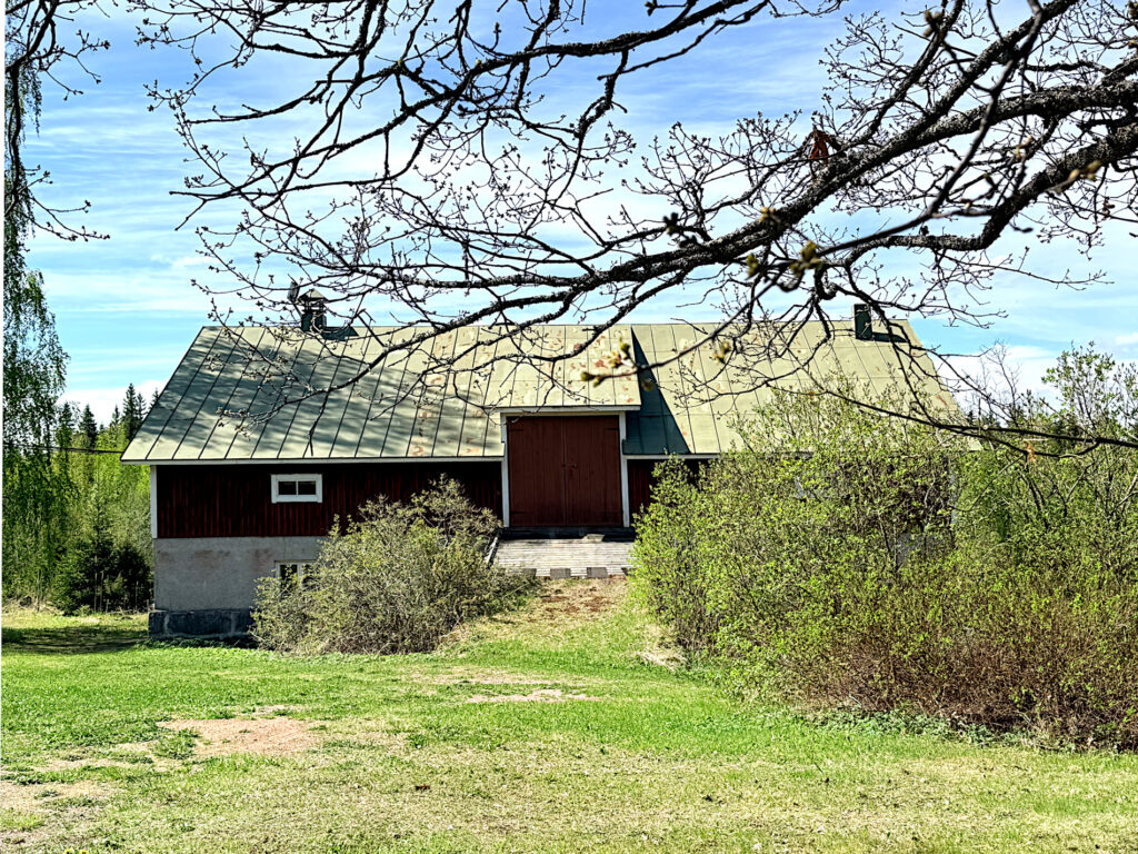 Navettarakennus ulkoapäin kuvattuna. Etualalla oksia.